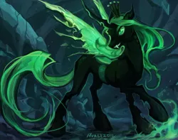 Size: 680x537 | Tagged: safe, artist:ladyavali, derpibooru import, queen chrysalis, changeling, changeling queen, cave, fangs, female, fire, frown, green changeling, grin, image, jpeg, raised hoof, signature, smiling, solo, standing