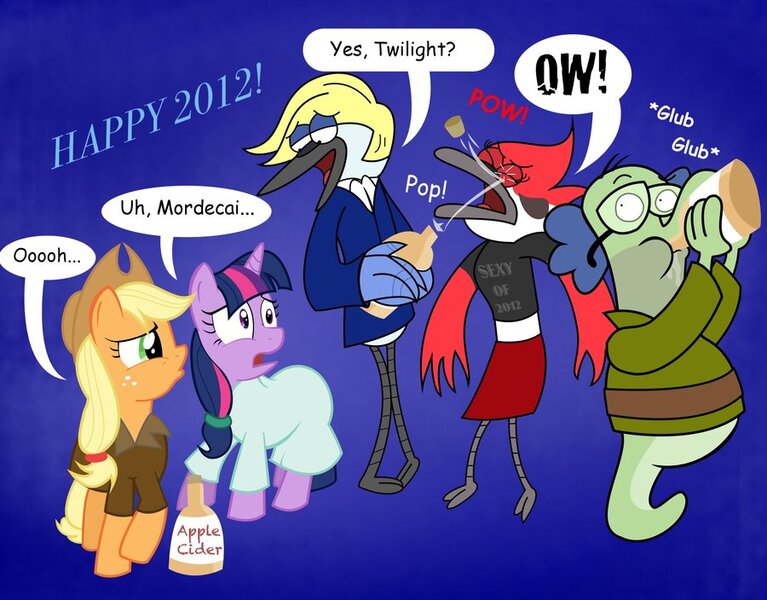 Size: 900x704 | Tagged: 2012, applejack, artist:cartuneslover16, blondecai, clothes, comic sans, crossover, derpibooru import, dress, fish hooks, gala dress, happy new year, margaret, mordecai, regular show, safe, twilight sparkle