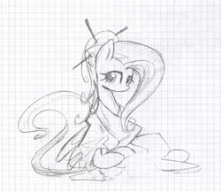 Size: 1280x1112 | Tagged: artist:skutchi, chopsticks in hair, derpibooru import, fluttershy, graph paper, kimono (clothing), pencil drawing, safe, sketch, traditional art