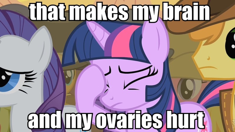 Size: 960x540 | Tagged: suggestive, derpibooru import, edit, edited screencap, screencap, braeburn, rarity, twilight sparkle, pony, unicorn, over a barrel, cowboy hat, eyes closed, facehoof, female, hat, image macro, male, mare, reaction image, spoony experiment, stallion, unicorn twilight