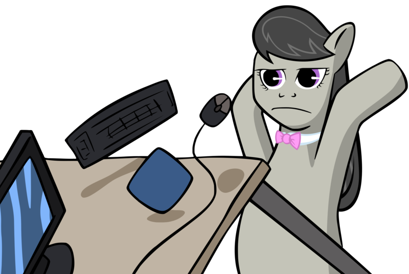 Size: 2161x1451 | Tagged: safe, artist:tails-ze-fox, derpibooru import, octavia melody, earth pony, pony, .svg available, bowtie, computer, female, inkscape, mare, simple background, solo, svg, table flip, transparent background, unamused, vector