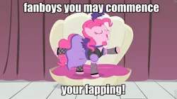 Size: 960x540 | Tagged: suggestive, derpibooru import, edit, edited screencap, screencap, pinkie pie, earth pony, pony, over a barrel, caption, clam, clothes, dress, eyes closed, female, image macro, implied masturbation, mare, open mouth, saloon dress, saloon pinkie, solo, solo female, spoony experiment, stage