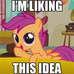 Size: 413x413 | Tagged: call of the cutie, cropped, cute, cutealoo, derpibooru import, edit, edited screencap, image macro, impact font, looking at you, open mouth, reaction image, safe, scootaloo, screencap, smiling, solo