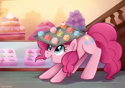 Size: 744x524 | Tagged: safe, artist:tsurime, derpibooru import, pinkie pie, earth pony, pony, fanfic:cupcakes, cake, cupcake, feather, food, rainbow cupcake, solo, sugarcube corner