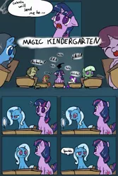 Size: 1600x2400 | Tagged: safe, artist:valcron, derpibooru import, trixie, twilight sparkle, pony, unicorn, lesson zero, classroom, comic, desk, dialogue, eye contact, eyes closed, female, filly, floppy ears, glare, laughing, looking at each other, magic kindergarten, one word, open mouth, scene parody, sitting, speech bubble, surprised, teary eyes, unicorn twilight