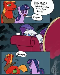 Size: 1600x2000 | Tagged: safe, artist:valcron, derpibooru import, big macintosh, rarity, twilight sparkle, earth pony, pony, comic, couch, fainting couch, male, nope, one word, stallion