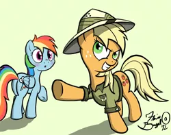 Size: 950x750 | Tagged: safe, artist:flavinbagel, derpibooru import, applejack, rainbow dash, earth pony, pegasus, pony, appledash, blushing, clothes, cosplay, daring do costume, female, freckles, hat, lesbian, loose hair, mare, shipping, signature, simple background