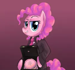 Size: 1075x1000 | Tagged: safe, artist:uc77, derpibooru import, pinkie pie, earth pony, pony, bipedal, briefcase, businessmare, cake, clothes, female, gradient background, mare, paint tool sai, solo, suit