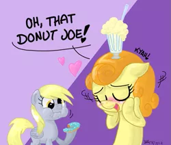 Size: 609x516 | Tagged: safe, artist:zicygomar, derpibooru import, carrot top, derpy hooves, golden harvest, earth pony, pegasus, pony, mmmystery on the friendship express, blushing, carrotjoe, dialogue, donut, donut joe gets all the mares, eating, eyes closed, female, heart, implied donut joe, male, mare, milkshake, shipping, smiling, straight