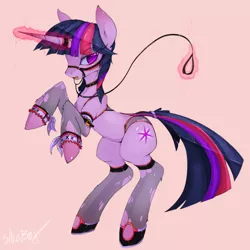 Size: 920x920 | Tagged: arm warmers, artist:slugbox, clothes, collar, derpibooru import, harness, horn ring, leash, panties, source needed, stockings, suggestive, torn clothes, twilight sparkle, underwear, wardrobe malfunction