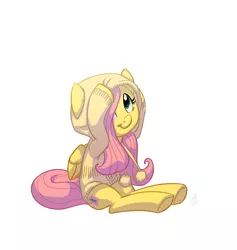 Size: 759x800 | Tagged: artist:carnifex, bottomless, clothes, cute, derpibooru import, filly, fluttershy, happy, hoodie, looking up, partial nudity, safe, shyabetes, simple background, sitting, solo, sweater, sweatershy, white background