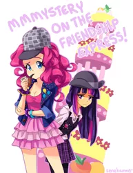 Size: 885x1146 | Tagged: artist:semehammer, cake, cleavage, clothes, derpibooru import, duo, female, human, humanized, marzipan mascarpone meringue madness, mmmystery on the friendship express, pinkie pie, safe, skirt, sweat, sweatdrop, twilight sparkle