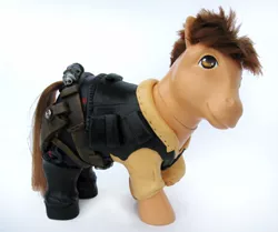 Size: 467x390 | Tagged: safe, derpibooru import, ponified, earth pony, pony, belt, boots, clothes, custom, han solo, holster, irl, looking up, male, photo, shoes, smiling, solo, stallion, star wars, toy, vest