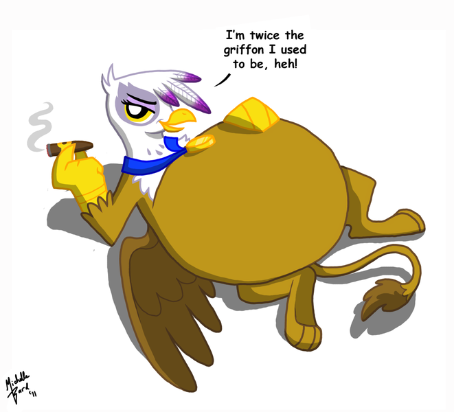 Size: 1519x1379 | Tagged: safe, artist:lollipoppaintbrush, derpibooru import, gilda, gryphon, belly, cigar, fat, gildough, impossibly large belly, pun