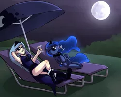 Size: 1025x825 | Tagged: safe, artist:uc77, derpibooru import, princess luna, alicorn, human, pony, armpits, female, glass, human ponidox, humanized, mare, moon, night, paint tool sai, self ponidox, solo, sunglasses, swag, umbrella