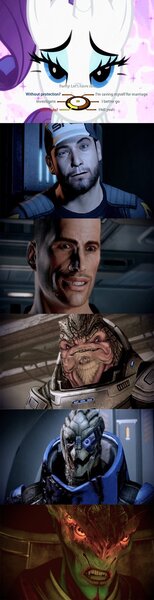 Size: 410x1600 | Tagged: commander shepard, derpibooru import, garrus vakarian, grunt, human, javik, jeff "joker" moreau, krogan, mass effect, prothean, rarity, suggestive, turian