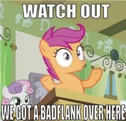 Size: 500x479 | Tagged: safe, derpibooru import, edit, edited screencap, screencap, scootaloo, sweetie belle, pegasus, pony, unicorn, female, filly, image macro, meme, ponyville schoolhouse, reaction image, school, watch out we have a badass over here