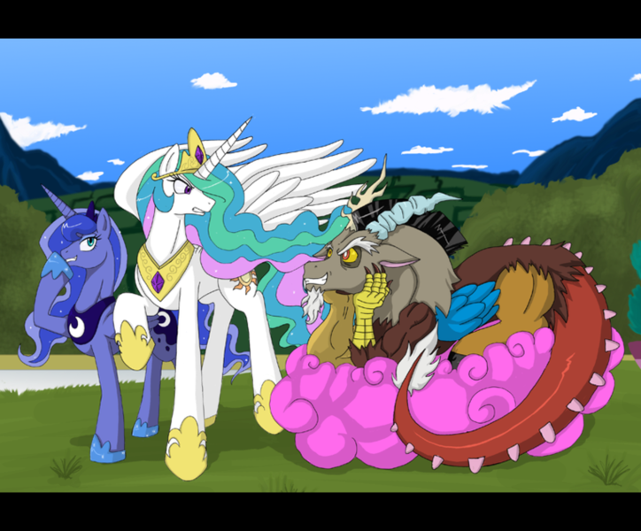 Size: 765x634 | Tagged: safe, artist:himanuts, derpibooru import, discord, princess celestia, princess luna, alicorn, draconequus, pony, cloud, cotton candy, cotton candy cloud, female, food, male