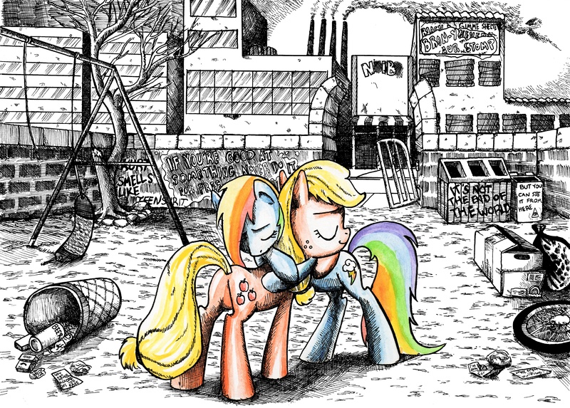 Size: 4907x3515 | Tagged: abandoned, applejack, artist:smellslikebeer, black and white, bygone civilization, crosshatch, derpibooru import, duo, earth, eyes closed, grayscale, hug, implied apocalypse, ink, monochrome, neo noir, partial color, rainbow dash, safe, traditional art