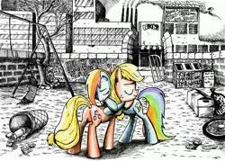 Size: 4907x3515 | Tagged: abandoned, applejack, artist:smellslikebeer, black and white, bygone civilization, crosshatch, derpibooru import, duo, earth, eyes closed, grayscale, hug, implied apocalypse, ink, monochrome, neo noir, partial color, rainbow dash, safe, traditional art