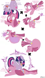 Size: 2056x3520 | Tagged: source needed, safe, artist:adlaz, artist:quarantinedchaoz, derpibooru import, pinkie pie, twilight sparkle, earth pony, pony, unicorn, backbend, comic, eaten alive, female, flexible, high res, mare, pinkamena diane pie, pinkie pred, preylight, reverse vore, soft vore, teleportation, televortation, tongue out, vore