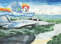 Size: 4943x3562 | Tagged: aircraft, artist:smellslikebeer, derpibooru import, f/a-18 hornet, fighter, flying, human, jet, jet fighter, open mouth, painting, plane, profile, racing, rainbow dash, safe, smiling, solo, spread wings, traditional art
