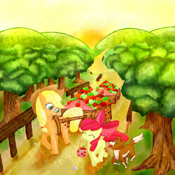 Size: 2000x2000 | Tagged: dead source, safe, artist:jesrartes, derpibooru import, apple bloom, applejack, winona, dog, earth pony, pony, apple, apple sisters, cart, female, filly, foal, food, high res, mare, mouth hold, paint tool sai, siblings, sisters, tree, trio