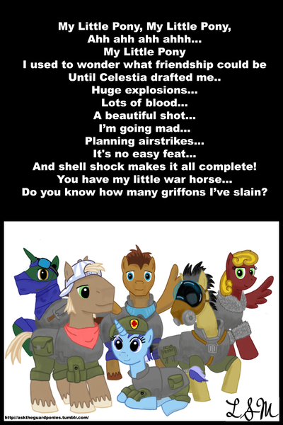 Size: 1280x1920 | Tagged: source needed, useless source url, safe, artist:asktheguardponies, derpibooru import, caboose, minuette, oc, oc:blitz, oc:gears, oc:scorch, oc:skipper, earth pony, pegasus, pony, unicorn, asktheguardponies, female, male, mare, stallion