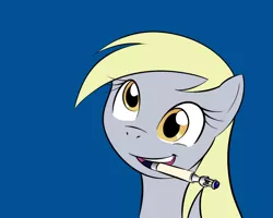 Size: 1000x800 | Tagged: safe, artist:kloudmutt, artist:pacce, derpibooru import, derpy hooves, pegasus, pony, blue background, bust, crossover, cute, derpabetes, doctor who, female, mare, misleading thumbnail, mouth hold, open mouth, paint tool sai, portrait, silly, silly pony, simple background, smiling, solo, sonic screwdriver, tenth doctor
