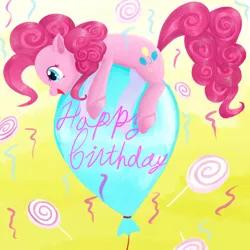 Size: 2500x2500 | Tagged: dead source, safe, artist:jesrartes, derpibooru import, pinkie pie, earth pony, pony, abstract background, balloon, birthday, candy, female, happy, happy birthday, high res, lollipop, mare, paint tool sai, party, solo, then watch her balloons lift her up to the sky