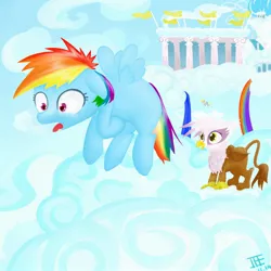 Size: 2500x2500 | Tagged: dead source, safe, artist:jesrartes, derpibooru import, derpy hooves, gilda, rainbow dash, gryphon, pegasus, pony, chickub, cloudsdale, female, filly, flying, high res, paint tool sai, younger