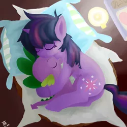Size: 2500x2500 | Tagged: dead source, safe, artist:jesrartes, derpibooru import, spike, twilight sparkle, dragon, pony, unicorn, bed, bed mane, candle, cute, duo, eyes closed, female, filly, high res, hug, male, mama twilight, paint tool sai, pillow, sleeping, spikabetes, spikelove, twiabetes, unicorn twilight