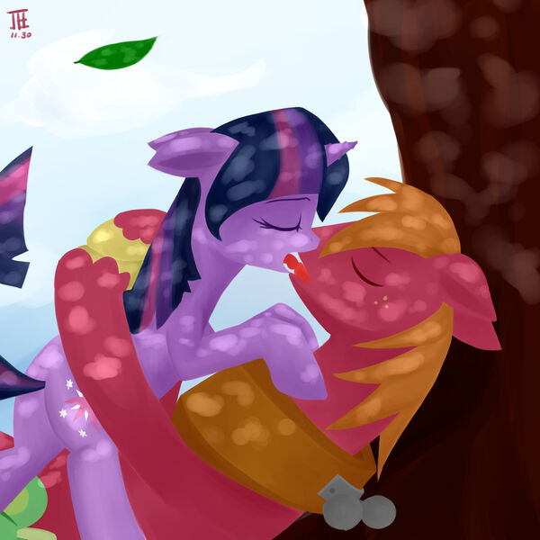 Size: 2500x2500 | Tagged: dead source, suggestive, artist:jesrartes, derpibooru import, big macintosh, twilight sparkle, earth pony, pony, unicorn, cuddling, dappled sunlight, eyes closed, female, floppy ears, french kiss, high res, hug, kissing, love, male, mare, on back, open mouth, paint tool sai, shade, shipping, snuggling, stallion, straight, tongue out, tree, twimac, unicorn twilight