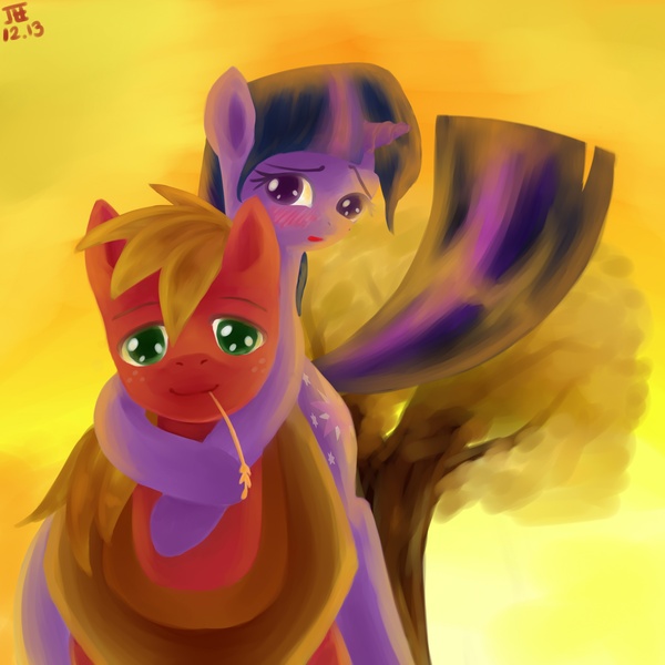 Size: 2500x2500 | Tagged: dead source, safe, artist:jesrartes, derpibooru import, big macintosh, twilight sparkle, earth pony, pony, unicorn, arms/forelegs around neck, blushing, female, high res, male, mare, paint tool sai, ponies riding ponies, riding, shipping, stallion, straight, straw in mouth, twimac, unicorn twilight