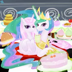 Size: 2500x2500 | Tagged: dead source, safe, artist:jesrartes, derpibooru import, fleur-de-lis, princess celestia, alicorn, pony, unicorn, cake, cakelestia, cuddling, cup, cupcake, drinking, female, fleurestia, food, high res, leaning, lesbian, looking at you, magic, mare, paint tool sai, prone, rarepair, shipping, snuggling, straw, telekinesis