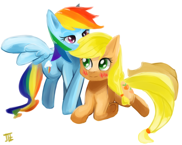 Size: 1500x1200 | Tagged: dead source, safe, artist:jesrartes, derpibooru import, applejack, rainbow dash, earth pony, pegasus, pony, appledash, blushing, crossed hooves, female, lesbian, mare, shipping, simple background, transparent background, whispering