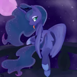 Size: 2000x2000 | Tagged: dead source, suggestive, artist:jesrartes, derpibooru import, princess luna, alicorn, pony, balcony, bedroom eyes, drool, featureless crotch, female, high res, leaning, looking at you, looking back, mare, moon, moonbutt, night, open mouth, plot, solo, solo female, tongue out, underhoof, wings