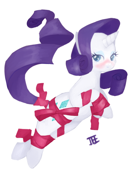 Size: 1000x1400 | Tagged: dead source, safe, artist:jesrartes, derpibooru import, rarity, pony, unicorn, blushing, female, mare, present, ribbon, simple background, solo, transparent background