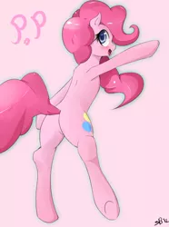 Size: 610x820 | Tagged: dead source, safe, artist:mrstufflebeam, derpibooru import, pinkie pie, earth pony, pony, balloonbutt, bipedal, blushing, dancing, featureless crotch, female, mare, plot, simple background, solo