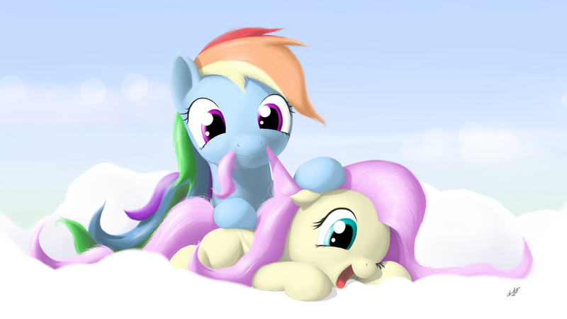 Size: 1920x1080 | Tagged: safe, artist:zlack3r, derpibooru import, fluttershy, rainbow dash, pegasus, pony, cloud, duo, female, floppy ears, grooming, happy, hooves, lying on a cloud, mane bite, mare, mouth hold, on a cloud, one eye closed, open mouth, wallpaper, wings