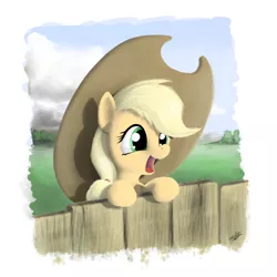 Size: 1200x1200 | Tagged: safe, artist:zlack3r, derpibooru import, applejack, earth pony, pony, cloud, cloudy, cute, female, fence, filly, filly applejack, foal, happy, hat, jackabetes, leaning, mountain, open mouth, oversized hat, smiling, solo, tree, younger