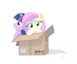 Size: 900x750 | Tagged: safe, artist:zlack3r, derpibooru import, fluttershy, twilight sparkle, pegasus, pony, unicorn, box, cardboard box, duo, female, mare, pony in a box, simple background, white background