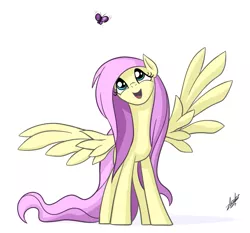 Size: 869x811 | Tagged: safe, artist:zlack3r, derpibooru import, fluttershy, butterfly, pegasus, pony, female, gimp, happy, looking up, mare, simple background, solo, spread wings, white background, wings