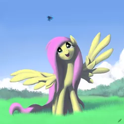 Size: 1770x1770 | Tagged: safe, artist:zlack3r, derpibooru import, fluttershy, butterfly, pegasus, pony, female, grass, happy, looking up, mare, solo, spread wings, wings