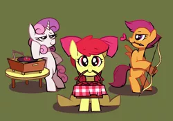Size: 1280x900 | Tagged: safe, artist:karzahnii, derpibooru import, apple bloom, scootaloo, sweetie belle, earth pony, pegasus, pony, unicorn, arrow, bipedal, bow (weapon), bow and arrow, cutie mark crusaders, female, filly, looking at you, mouth hold, phonograph, picnic, puppy dog eyes, record, record player, simple background, sitting, trio