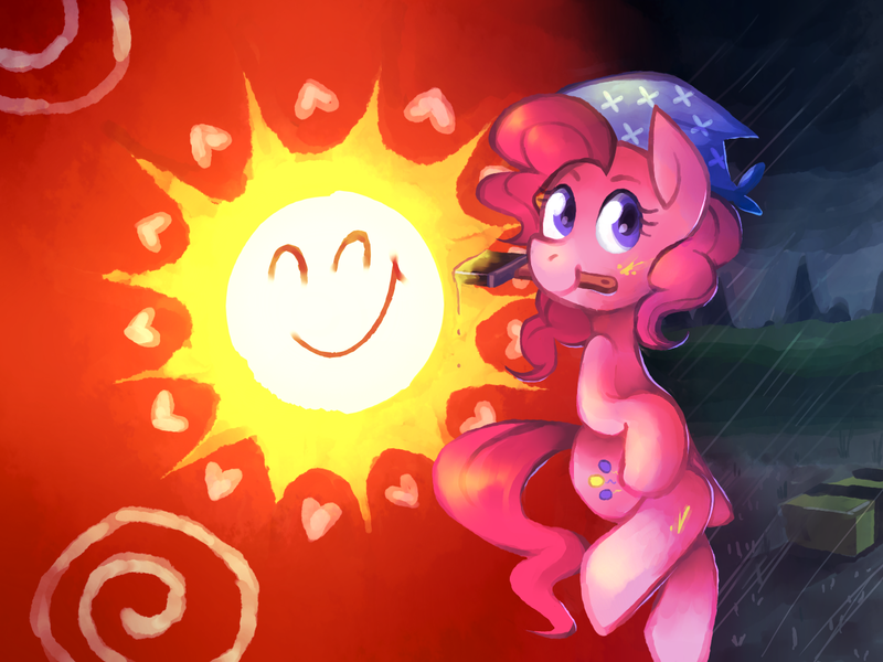 Size: 1400x1050 | Tagged: safe, artist:karzahnii, derpibooru import, pinkie pie, earth pony, pony, a friend in deed, bandana, barn, bright, female, happy, mare, mouth hold, paint, paintbrush, painting, rain, smiling, solo, sun