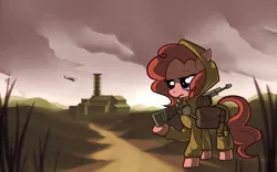 Size: 1920x1200 | Tagged: safe, artist:karzahnii, derpibooru import, pinkie pie, earth pony, pony, ak-47, bag, clothes, crossover, female, gun, helicopter, mare, s.t.a.l.k.e.r., solo, weapon