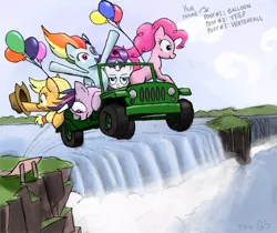 Size: 900x757 | Tagged: safe, artist:gsphere, derpibooru import, applejack, pinkie pie, rainbow dash, rarity, twilight sparkle, earth pony, pegasus, pony, unicorn, balloon, car, female, mare, photoshop, ramp, scenery, water, waterfall