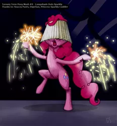 Size: 881x950 | Tagged: safe, artist:gsphere, derpibooru import, pinkie pie, earth pony, pony, bipedal, dancing, female, fireworks, lampshade, mare, party, photoshop, solo