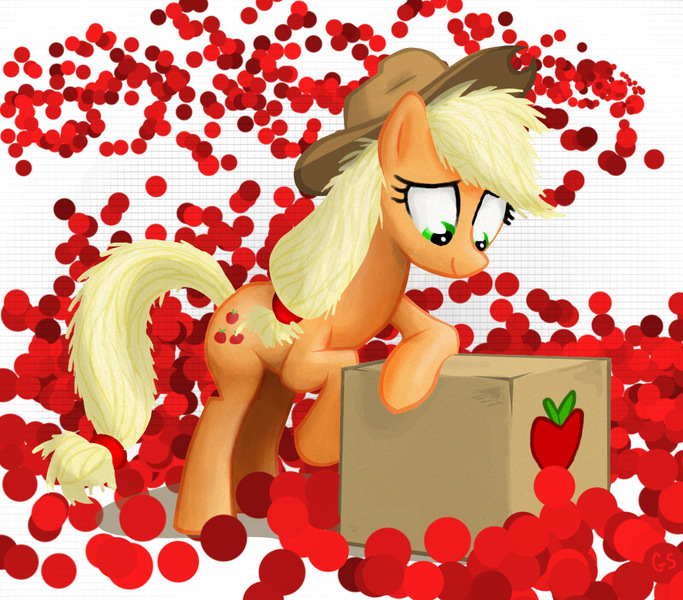 Size: 1098x964 | Tagged: safe, artist:gsphere, derpibooru import, applejack, earth pony, pony, apple, box, female, mare, photoshop, solo